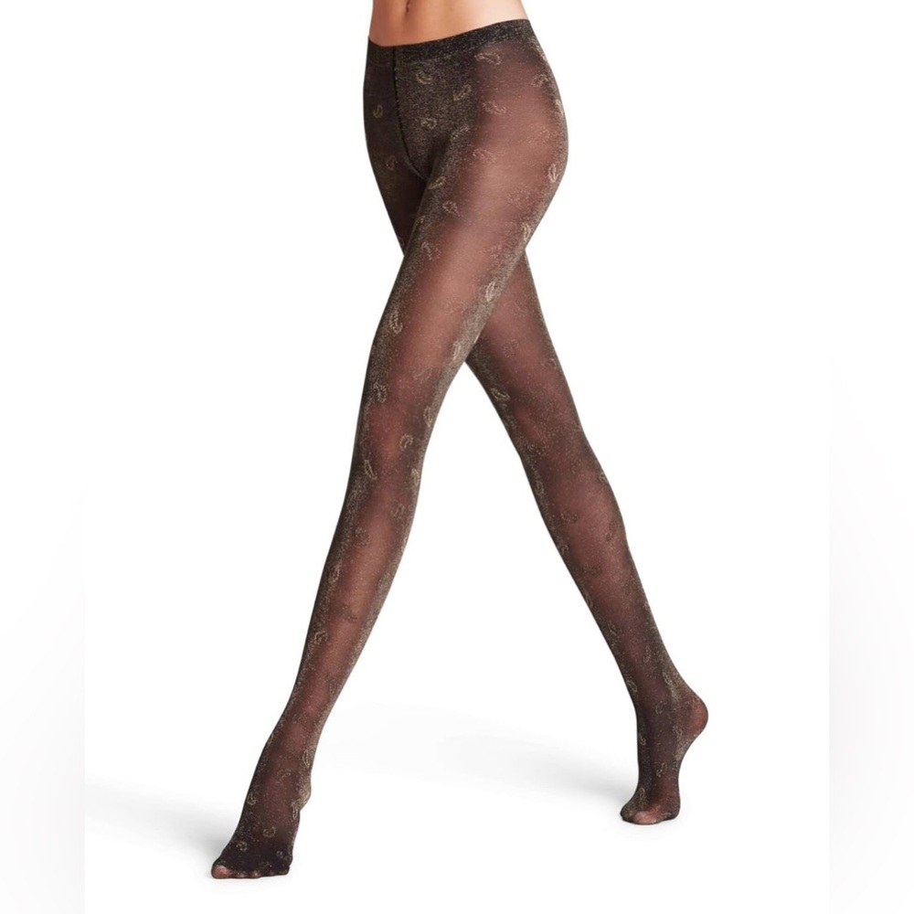 Falke Day To Night Black and Gold Patterned Shimmer Sheer Tights Size Medium NWT